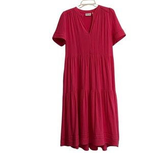 Foil Pink Tiered Midi Dress Size 6 V-Neck Short Sleeve EUC Pockets